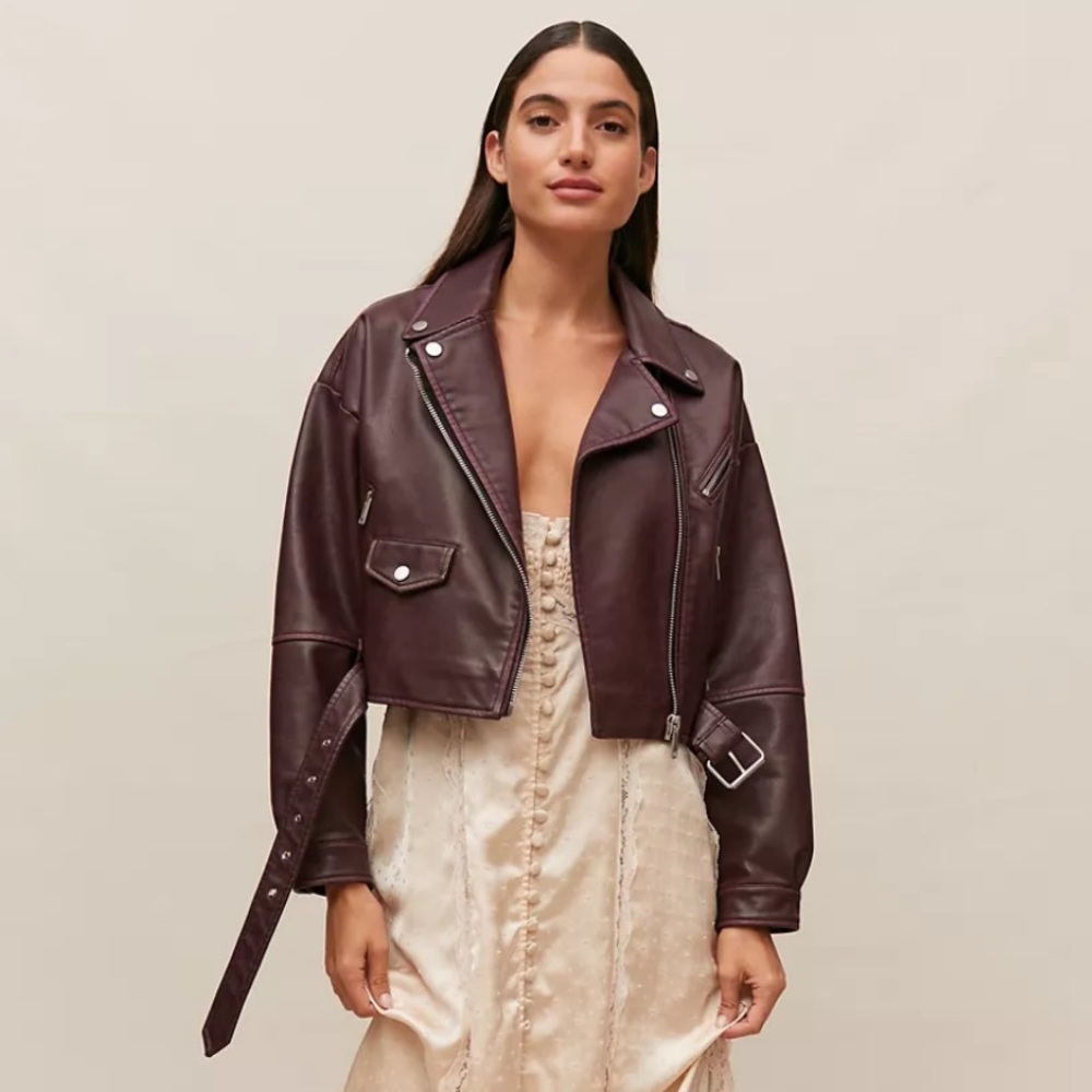 Avec Les Filles Cropped Faux Leather Moto Jacket